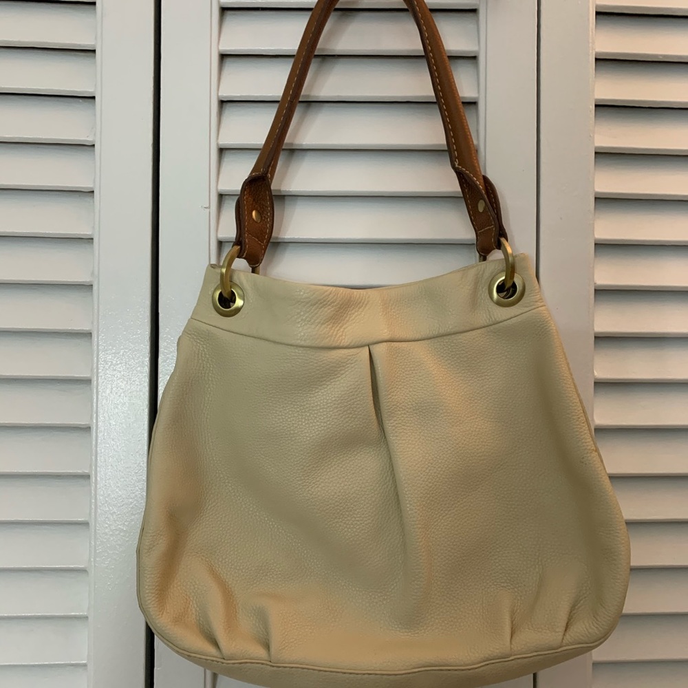 Cream/White and Tan Leather Shoulder Bag